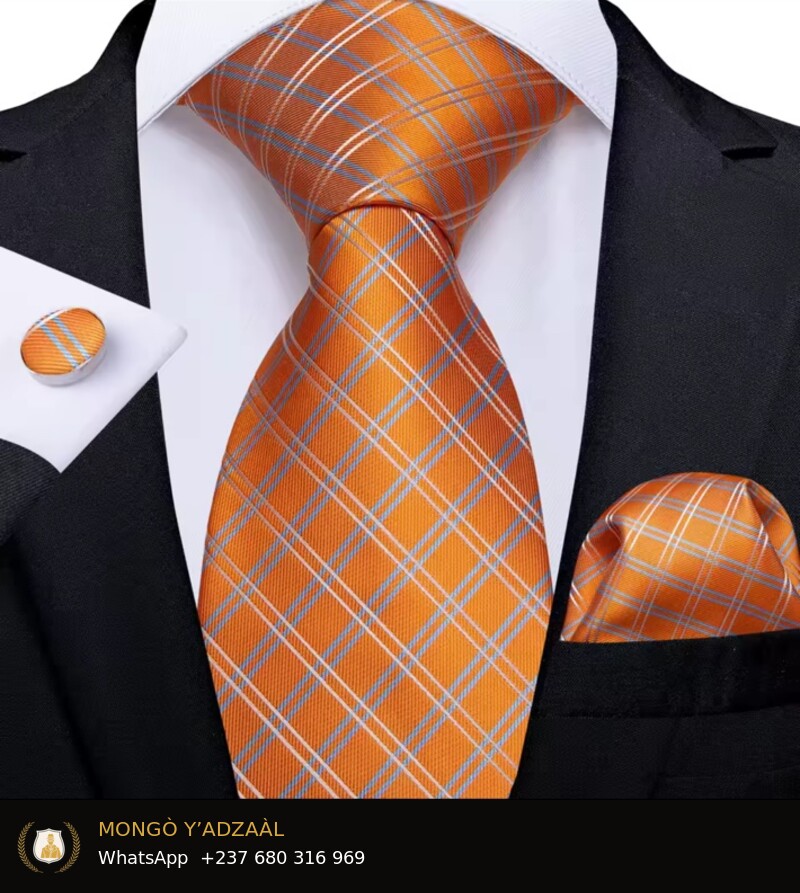Set 3 pièces cravate, pochette et manchettes orange à carreaux, modèle S3-04